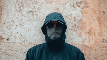 Person in hooded jacket and mask stands against a wall in an urban area