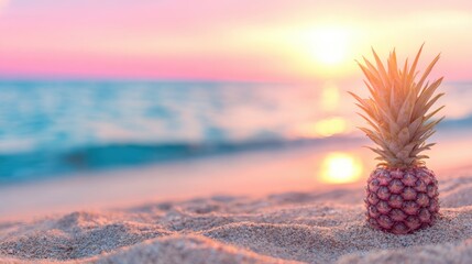 Pineapple on sandy beach during sunset near the ocean waves