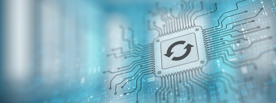 Software and Hardware Update Illustrated on a Processor, Business and Technology Concept.