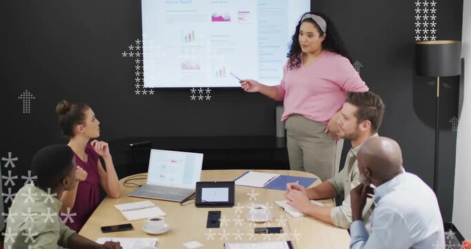Animation of asterisks forming arrow up signs over diverse woman giving presentation to colleagues