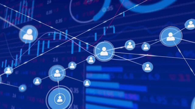 Animation of financial data processing over network of connections with icons