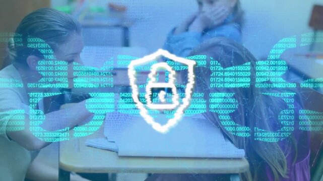 Animation of chain with padlock icon over diverse schoolchildren and female teacher