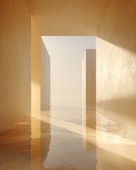 Minimalist Architectural Space with Warm Light and Subtle Water Reflection