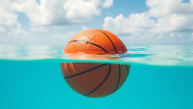 Basketball submerged in crystal clear water with cloudy sky