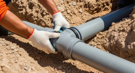 Plumbing Pro Connecting PVC Pipes in Trench for Drainage Home Project.