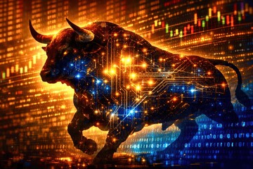 A bull is depicted in a digital image with a glowing, futuristic look