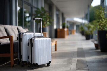 Three modern white suitcases rest in a trendy hotel corridor accented by natural light streaming through large windows, ideal for travelers embracing style.