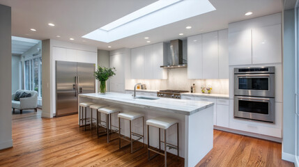 Interior of a modern kitchen with a dining table, chairs, white countertops and a lamp. Concept of buying a new home, an apartment or a house, housewarming and renovation