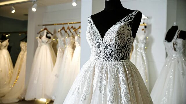 A white wedding dress with intricate lace detailing on a mannequin stands, more dresses blurred in background