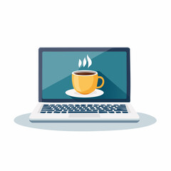Laptop computer with coffee cup on screen. Vector illustration of laptop with coffee cup. Coffee break on laptop. Yellow coffee cup. White laptop. Simple icon. Flat design. Screen with