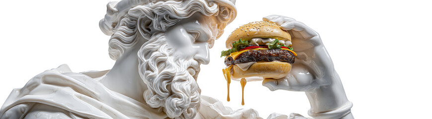 Extreme close-up. Portrait of a White Marble Chef Statue while Holding a Delicious and Juicy Hamburger. Isolated on White or Transparent Background with Copy Space. Png. Generative Ai.