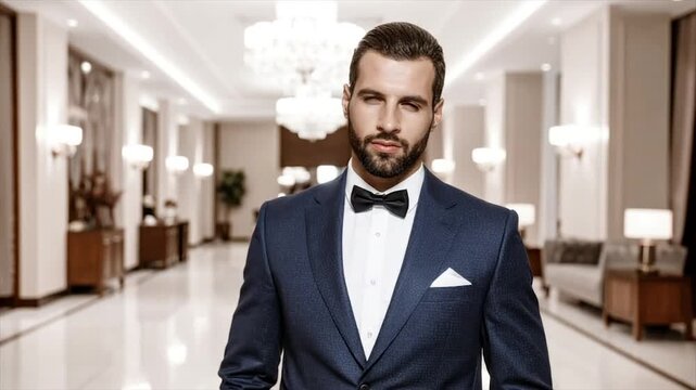 A man in a blue suit and bow tie stands in a bright, elegant hallway