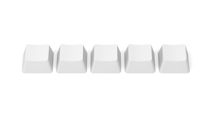 Five white keyboard keys isolated on white background. Copy space. Button. Blank. 3d illustration.