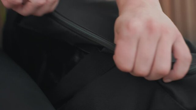 hands unzip black backpack revealing small blue item tucked in front pocket closeup frames show careful search, zipper detail, strap adjustment, urban bench background, morning commute mood