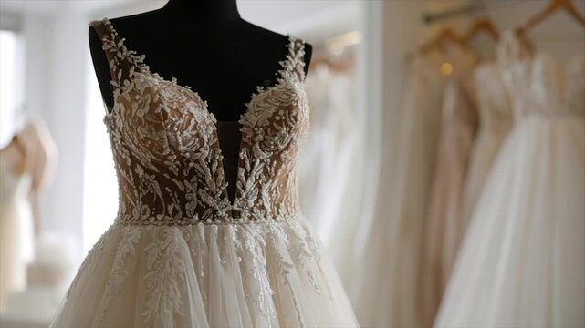 A detailed image of a wedding dress on a mannequin with lace detailing. Other dresses in background