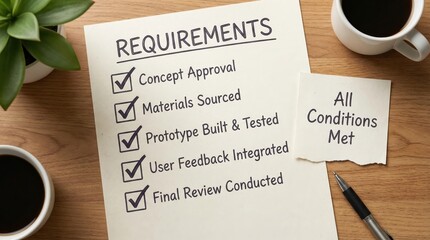 Completed Requirements Checklist on Wooden Surface