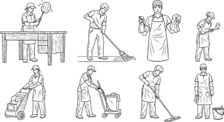 Naklejka premium Collection of line art illustrations depicting various cleaning and housekeeping tasks performed by people.