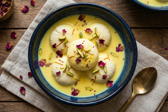 Overhead close-up of Rasmalai dessert garnished with pistachios and saffron strands in a blue ceramic bowl