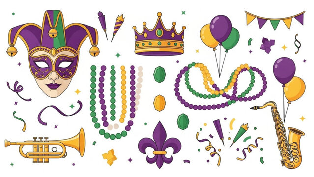 Mardi Gras Party Accessories with Masks, Crowns, and Beads