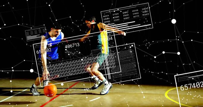 Sports tech overlays appearing while blue-jersey dribbling crossover, beating defender and shooting