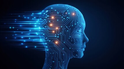 Fototapeta premium Digital Abstract Human Head with Circuitry Design in Motion, Representing Technology and Innovation