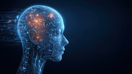 Fototapeta premium Futuristic Digital Human Head in Abstract Design with Circuit Patterns and Illuminated Details