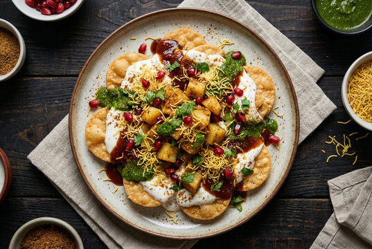 Plate of Papdi Chaat topped with yogurt, green chutney, tamarind sauce, pomegranate seeds, and sev