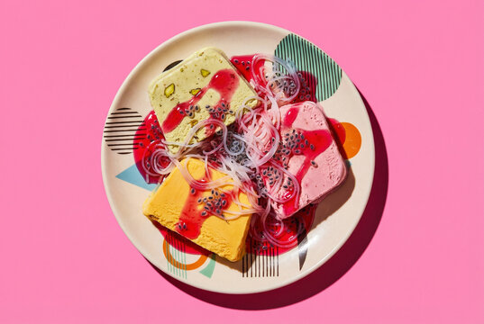 Three slices of colorful Kulfi ice cream topped with falooda noodles, rose syrup, and basil seeds on a pink background