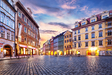 Prague Old Town Male namesti square illuminated at sunrise, Czech Republic