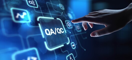 QA QC Quality Assurance and Quality Control for Product Excellence, projection on a virtual screen, Business and Technology Concept.