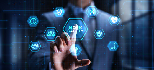 Work Safety Ensuring Health and Security in the Workplace, projection on a virtual screen, Business and Technology Concept.