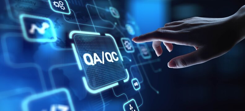 QA QC Quality Assurance and Quality Control for Product Excellence, projection on a virtual screen, Business and Technology Concept.