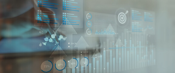 Business Data Analytics and KPI Performance Tracking Dashboard on Digital Tablet Interface.