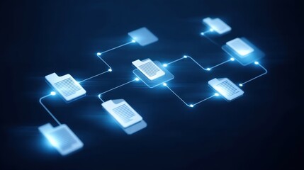 Digital Graphic Depicting Abstract Data Connections in Blue with Light Effects and Modern File Icons