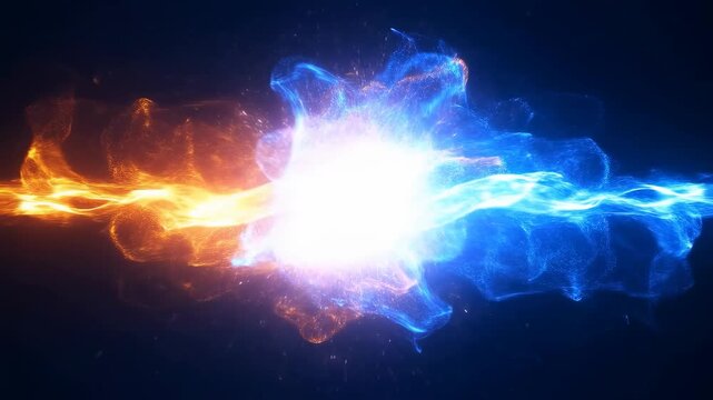 Dynamic collision of fiery and electric energy bursts creating dazzling explosion