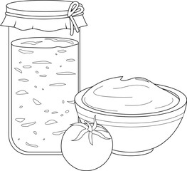 Homemade tomato sauce. Bowl and glass jar of healthy tomato paste for cooking. Vector black and white coloring page.
