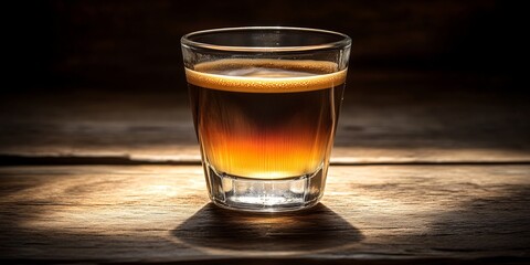 Rich and Aromatic Espresso Shot Served on Rustic Wooden Table, Capturing Warm Lighting and Texture