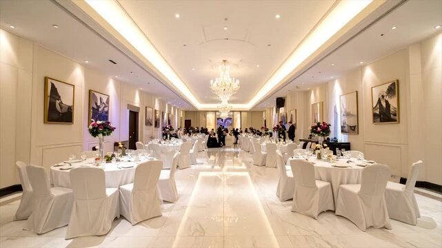 Elegant banquet hall with white tablecloths, chandeliers, artwork, and guests. Well-lit and spacious