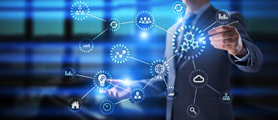 Gears mechanism on virtual screen. Automation and business process flow. Business and technology...