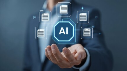 Fototapeta premium Business Professional Holding AI Technology Concept with Digital Documents in Hand for Innovation and Future Development