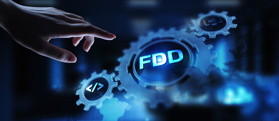 Feature-Driven Development FDD Icons and Workflow in a Digital Interface.