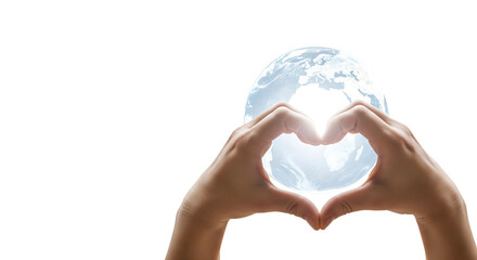 Hands forming heart around globe