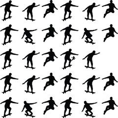 Obraz premium Seamless skateboarder silhouette pattern featuring multiple skateboarding poses, urban street sport concept, youth culture, extreme sports lifestyle, black figures isolated on white background