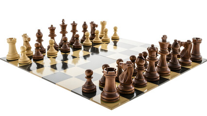 Strategic business concept featuring a set of black and white chess pieces on a chessboard representing leadership, competition, and teamwork during a calculated battle for power