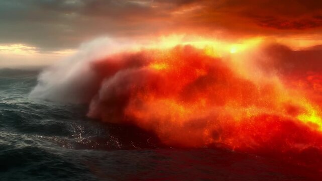 Dramatic volcanic eruption at sea with fiery lava and intense ocean waves
