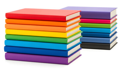 Stacks of colorful books arranged in a rainbow spectrum, suggesting knowledge and learning