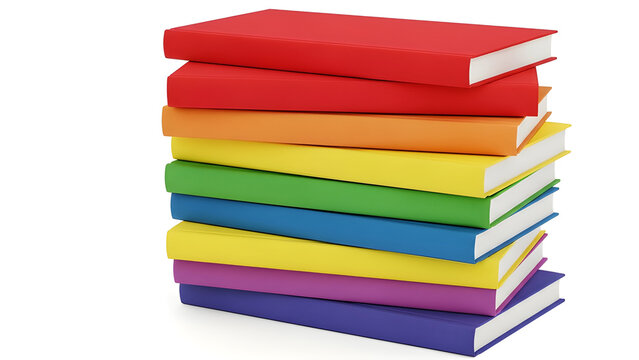 A stack of colorful books arranged in a rainbow spectrum, offering a visual feast of knowledge and imagination. Each book represents a world of stories, waiting to be explored
