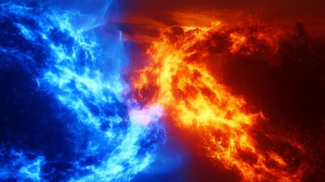 Dynamic clash of blue and red energy in fiery showdown alive with intense motion and vivid colors