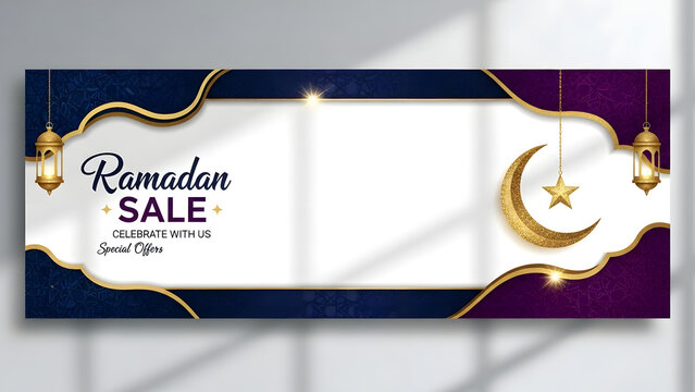 Elegant Ramadan festive marketing banner design with golden crescent moon, star, and glowing lanterns, ideal for promoting seasonal sales and special offers