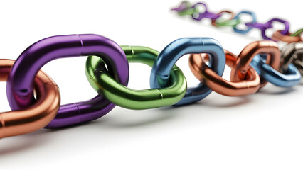 Close-up of a colorful metal chain. The links are connected, symbolizing strength and unity. Each link showcases a different vibrant hue